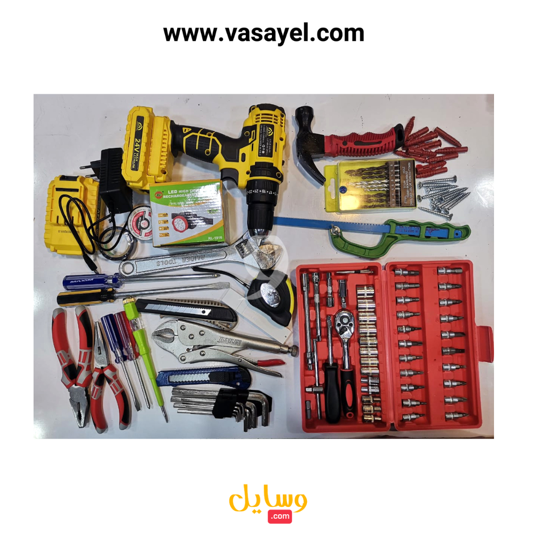 جعبه ابزار 120 پارچه صنعتی به همراه دریل 24 ولت چکشی v002